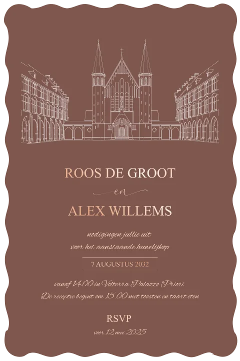 Trouwkaart getekende trouwlocatie met bijzondere vorm