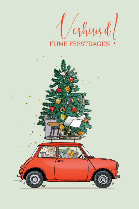 Kerst verhuiskaart mini rood met kerstboom