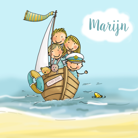 geboortekaartje jongen met zus broertjes bootje met zee