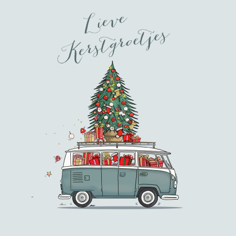Kerstkaart vwbusje met kerstboom groen