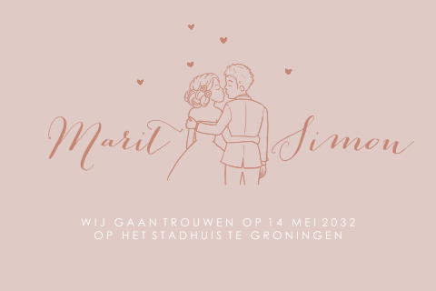 Trouwkaart zoenend bruidspaar in lijntekening