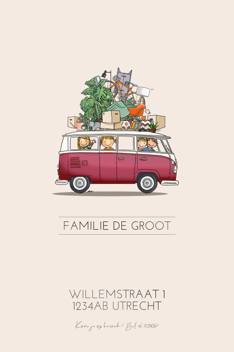 Verhuiskaart vw busje bordeauxrood met verhuisspullen