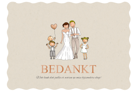 Bedankkaart getekende bruidspaar met kinderen en ballon