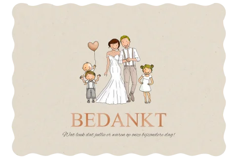 Bedankkaart getekende bruidspaar met kinderen en ballon