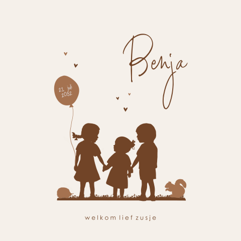 Silhouet geboortekaartje meisje met zusje en ballon derde kindje