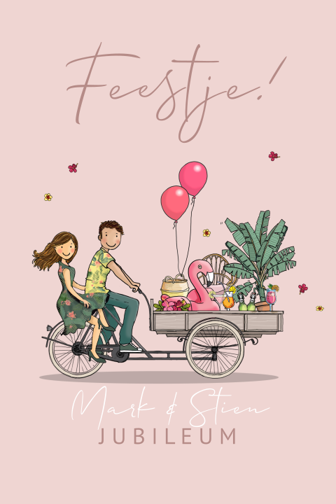 Jubileumfeest bakfiets met fietsers feest