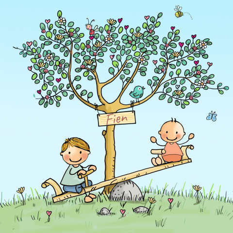 Geboortekaartje meisje op wip met broertje en boom