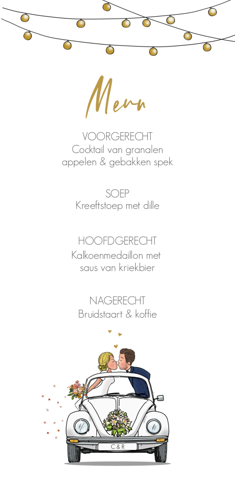 Trouwkaart zoenend bruidspaar vw kever