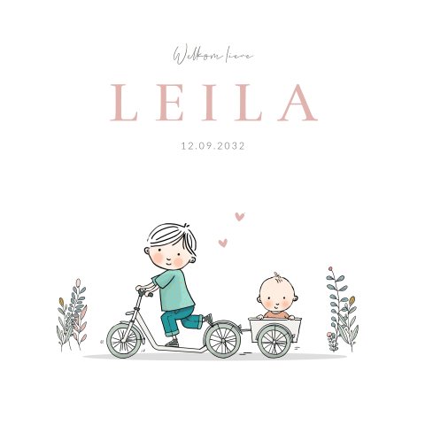 Geboortekaartje meisje step met aanhanger broer