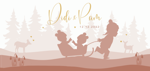 Langwerpige geboortekaart tweeling met slee en zusje