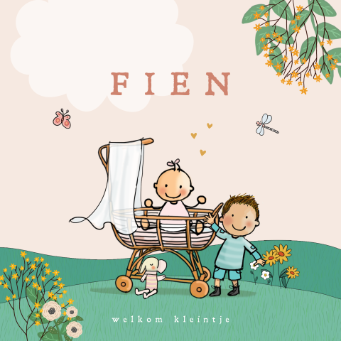 Geboortekaartje meisje rotan wiegje en broertje met natuur