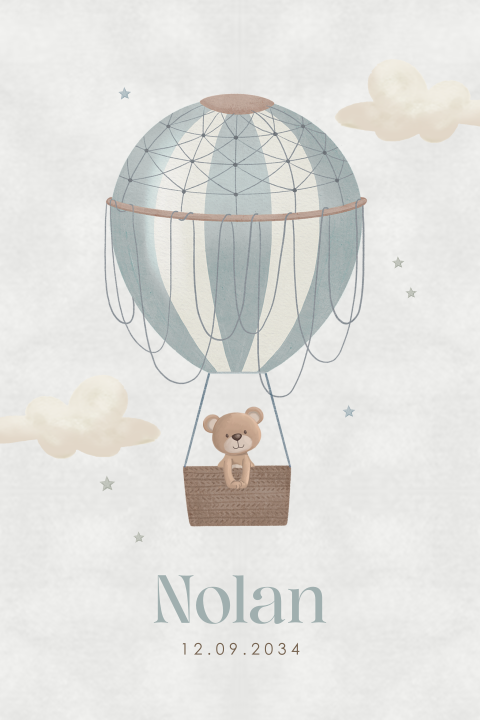 Geboortekaartje luchtballon blauw met beertje