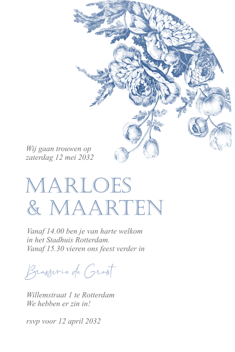 Trouwkaart arc vorm met delftsblauwe bloemen strak