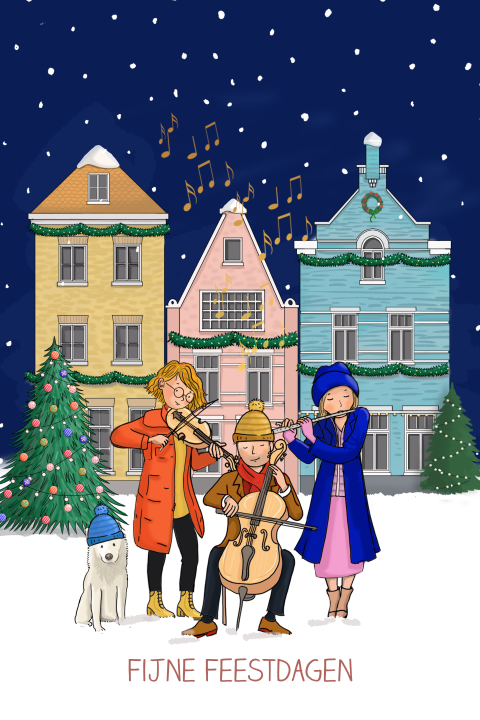 Kerstkaart huisjes met muzikanten
