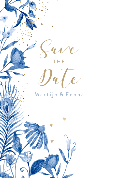 Save the Date delftsblauwe takjes met glitterlook