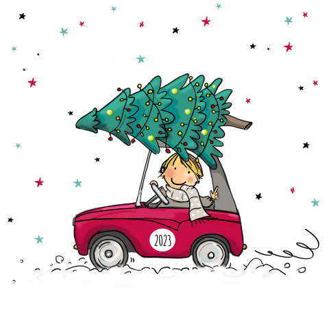 Kerstkaart jongetje in auto met sterren