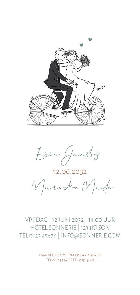 Trouwkaart fiets met bruidspaar enkel