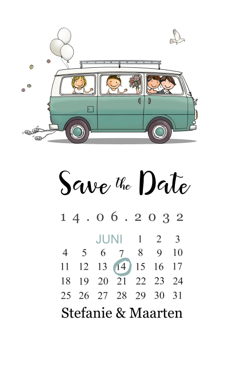Save the date kaart busje blauw met bruidspaar