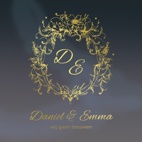 Trouwkaart goudfolie frame bloemen met letters