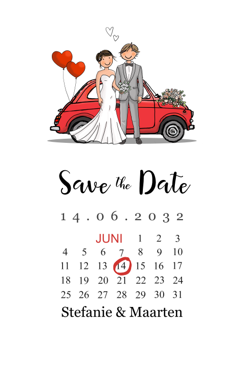 Save the date kaart Fiat 500 rood met bruidspaar