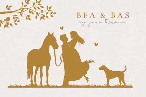 Trouwkaart silhouet bruidspaar met paard en hond