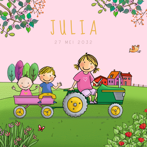 Geboortekaartje zusje met tractor groen met roze aanhangwagen