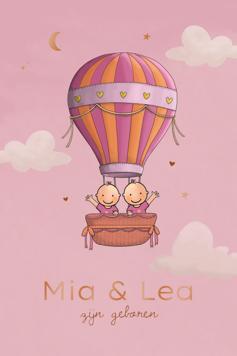 Geboortekaartje tweeling meisjes in ballon roze