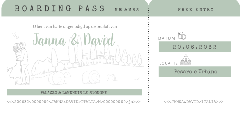 Ticket vorm trouwkaart groen met illustraties