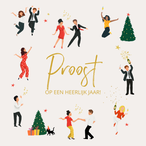 Kerstkaart kleine poppetjes feestend