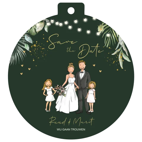 Savethedate priklampjes in kerstbal vorm met bruidspaar