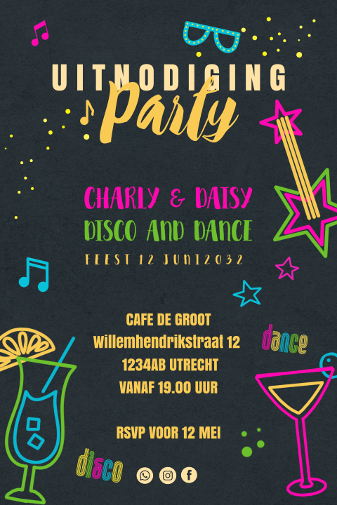 Uitnodiging disco en glitter met teksten