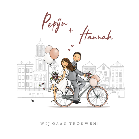 Trouwkaart bruidspaar donker fiets met ballonnen