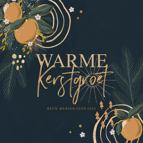 Kerstkaart donker met kerstfruit en goudlook