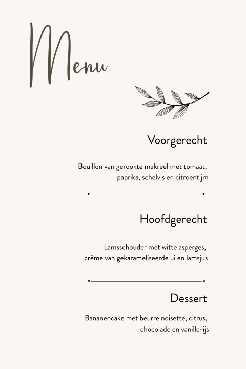 Strakke menukaart met takjes en teksten