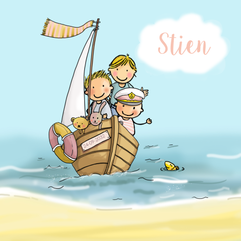 geboortekaartje meisje met broertjes bootje zee