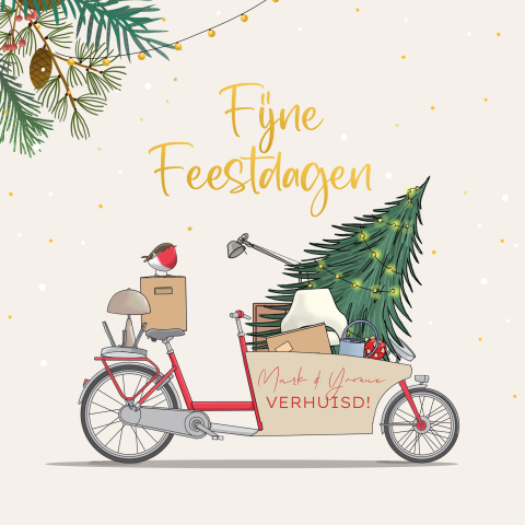Kerstverhuiskaart bakfiets met verhuisspullen
