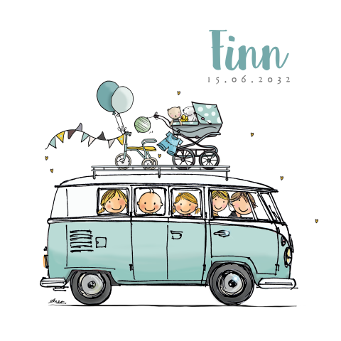 Geboortekaartje jongen vw bus blauwgroene ballonnen zusjes