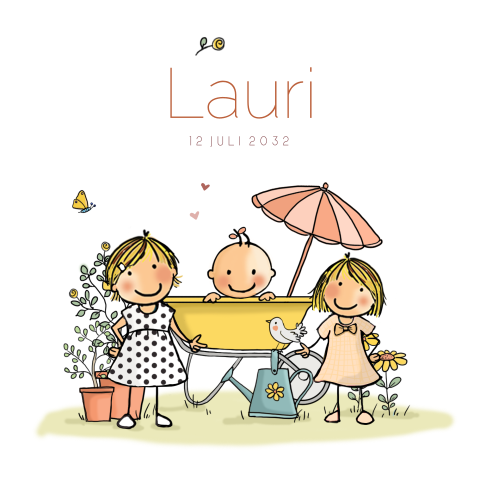 Geboortekaartje meisje in kruiwagen met boompjes zusjes