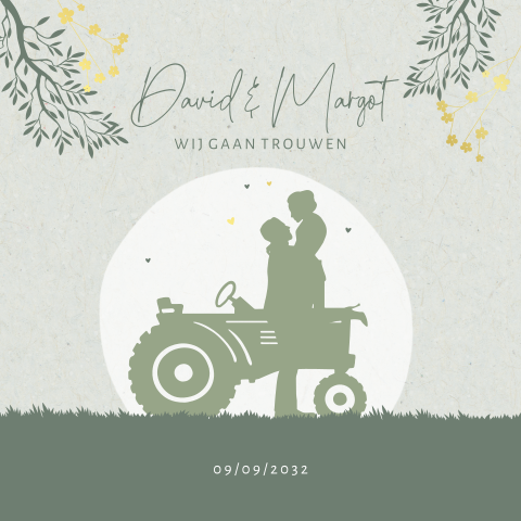 Trouwkaart dubbel tractor met bruidspaar en takjes