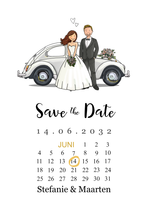 Save the date kaart VW kever met bruidspaar