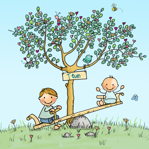 Geboortekaartje jongen op wip met broertje en boom