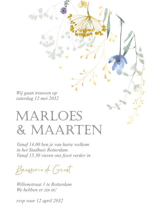 Trouwkaart arc stans vorm met veldbloemen