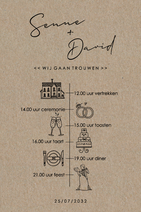 Trouwkaart kraft staand enkel met icoontjes