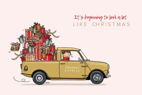 Kerstkaart Mini pickup geel met kadootjes