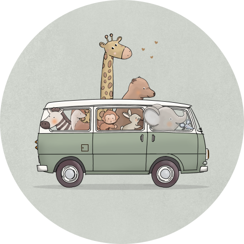 Raamsticker geboortekaartje groen busje met dieren