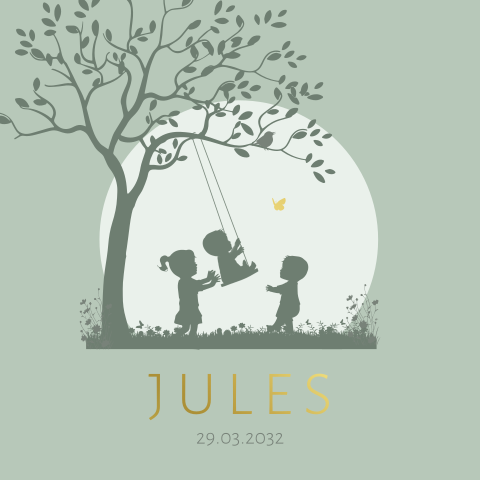 Geboortekaartje jongen en zus en broer schommel met boom