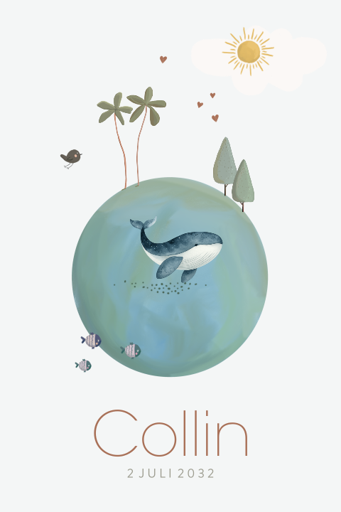 Geboortekaartje wereldbol met walvis 