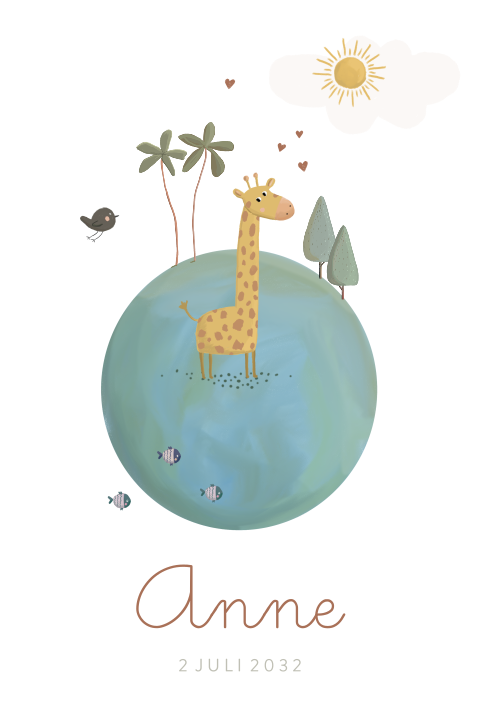 Geboortekaartje meisje wereldbol met giraf en zon