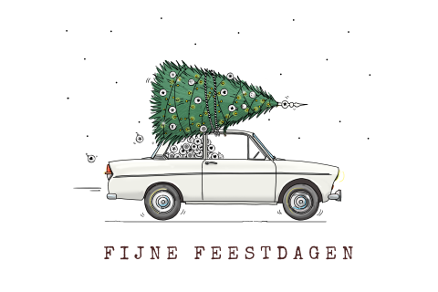 Kerstkaart auto daf wit met kerstkboom