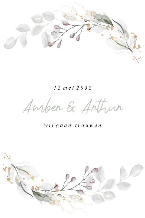 Trouwkaart watercolor takjes met glitterlook